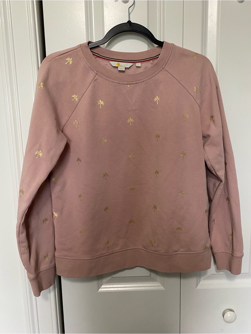 Boden Dusty Rose Crewneck Sweatshirt with Gold Palm Prints